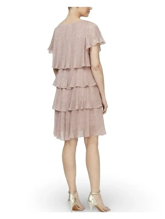 SLNY Tiered Metallic Shift Dress Womens 14 Faded Rose Flutter Sleeve Formal - Picture 4 of 10